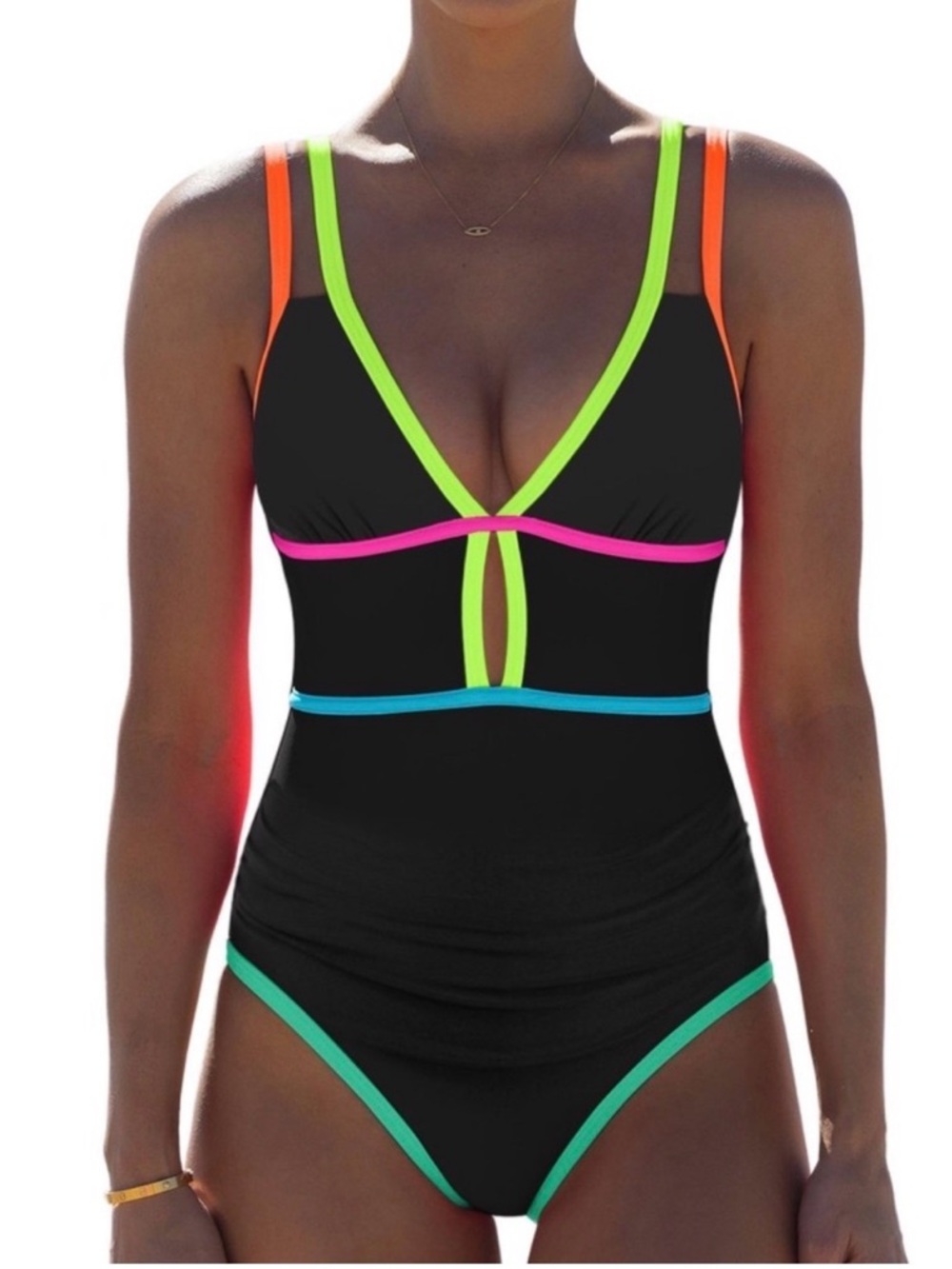 Black One-Piece Swimsuit with Neon Trim